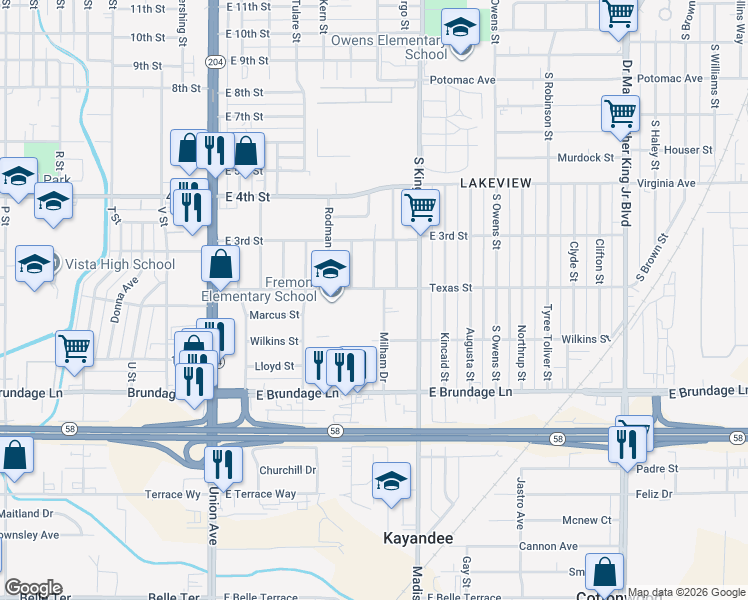 map of restaurants, bars, coffee shops, grocery stores, and more near 607 Texas Street in Bakersfield