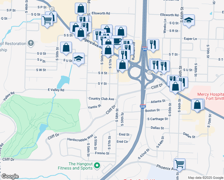 map of restaurants, bars, coffee shops, grocery stores, and more near 2617 South 57th Street in Fort Smith