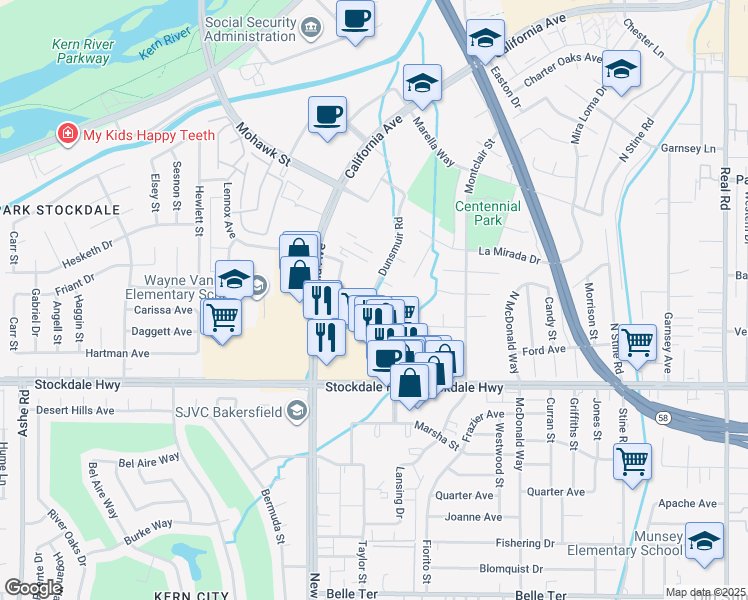 map of restaurants, bars, coffee shops, grocery stores, and more near 5401 Dunsmuir Road in Bakersfield