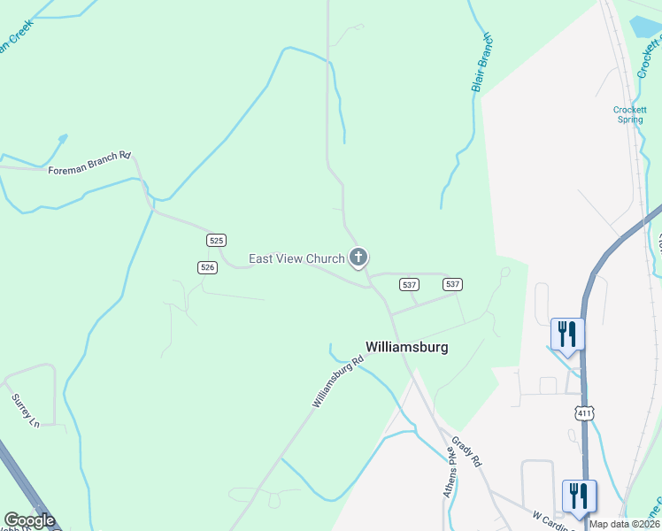 map of restaurants, bars, coffee shops, grocery stores, and more near 375 County Road 525 in Athens