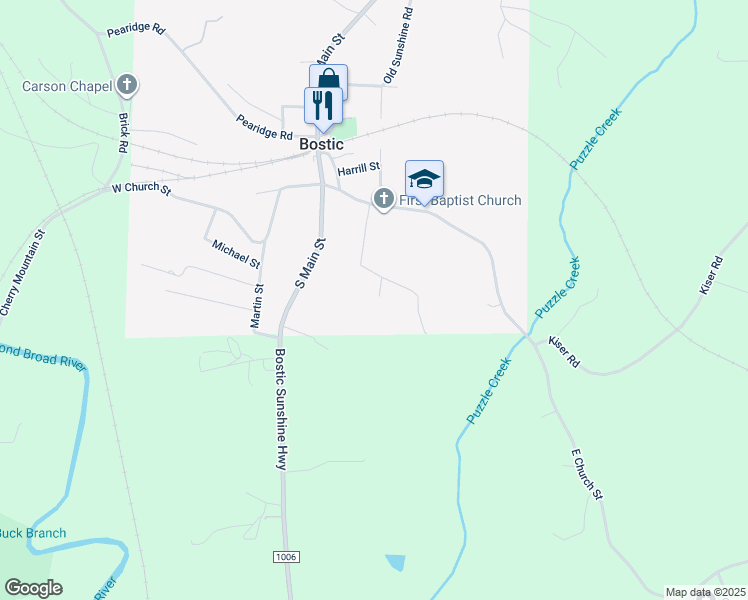 map of restaurants, bars, coffee shops, grocery stores, and more near 230 Lattimore Street in Bostic