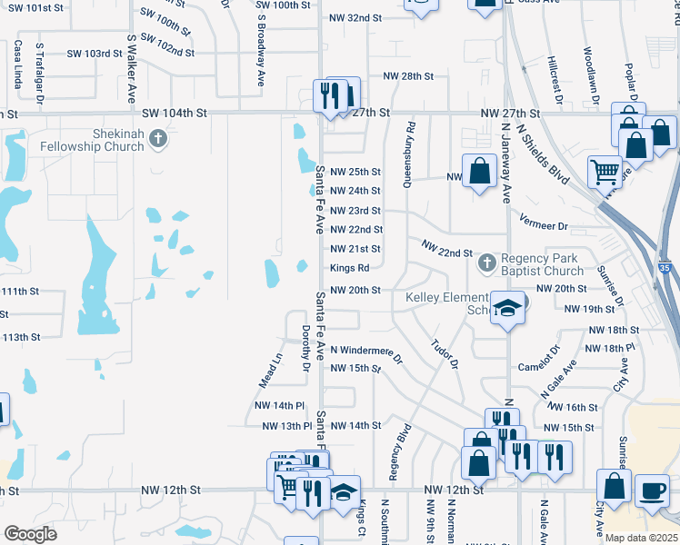 map of restaurants, bars, coffee shops, grocery stores, and more near 1040 Kings Road in Moore