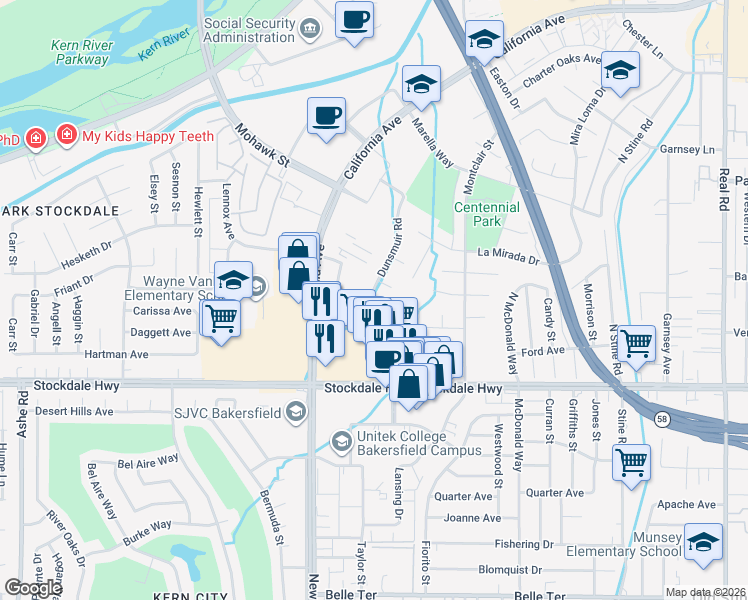 map of restaurants, bars, coffee shops, grocery stores, and more near 5401 Dunsmuir Road in Bakersfield