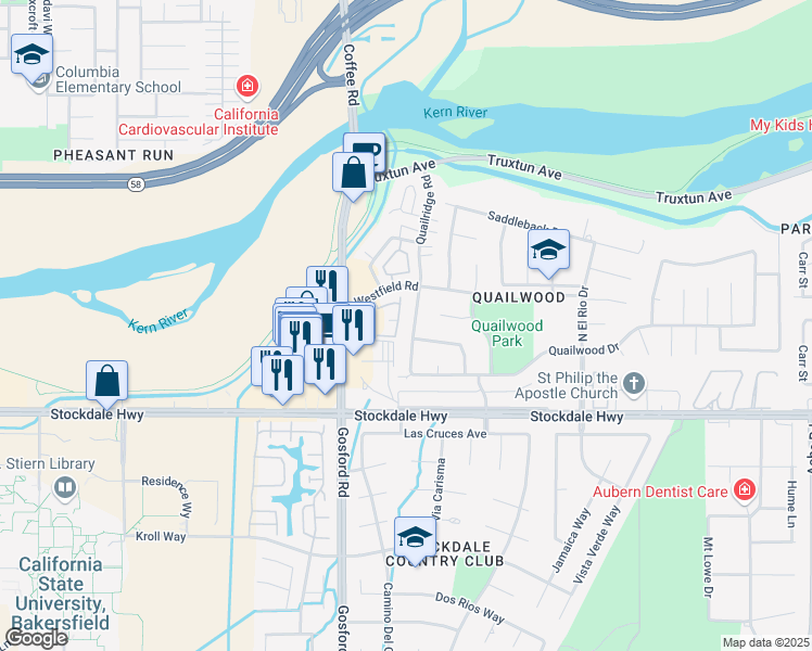 map of restaurants, bars, coffee shops, grocery stores, and more near 309 Quailridge Road in Bakersfield