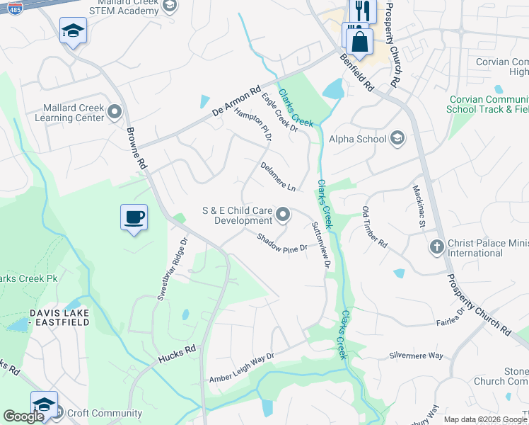 map of restaurants, bars, coffee shops, grocery stores, and more near 8511 Suttonview Drive in Charlotte