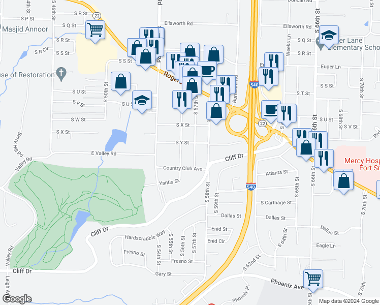 map of restaurants, bars, coffee shops, grocery stores, and more near 2717 South 57th Street in Fort Smith