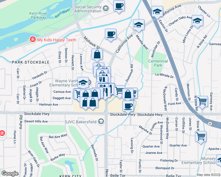 map of restaurants, bars, coffee shops, grocery stores, and more near 5555-5599 California Avenue in Bakersfield