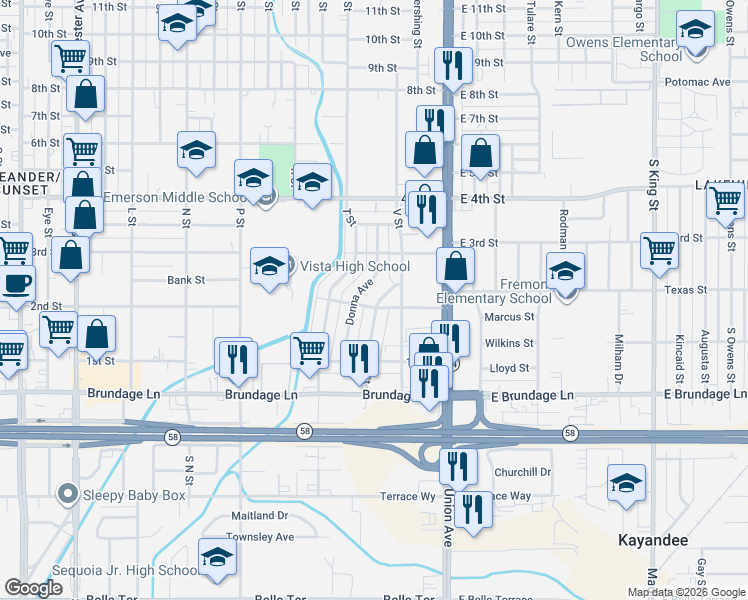 map of restaurants, bars, coffee shops, grocery stores, and more near in Bakersfield