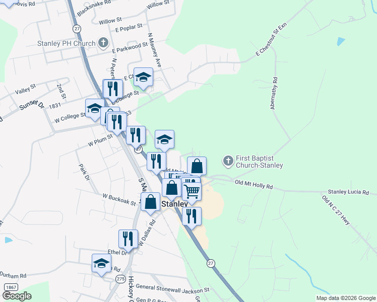 map of restaurants, bars, coffee shops, grocery stores, and more near 301 Old Mount Holly Road in Stanley