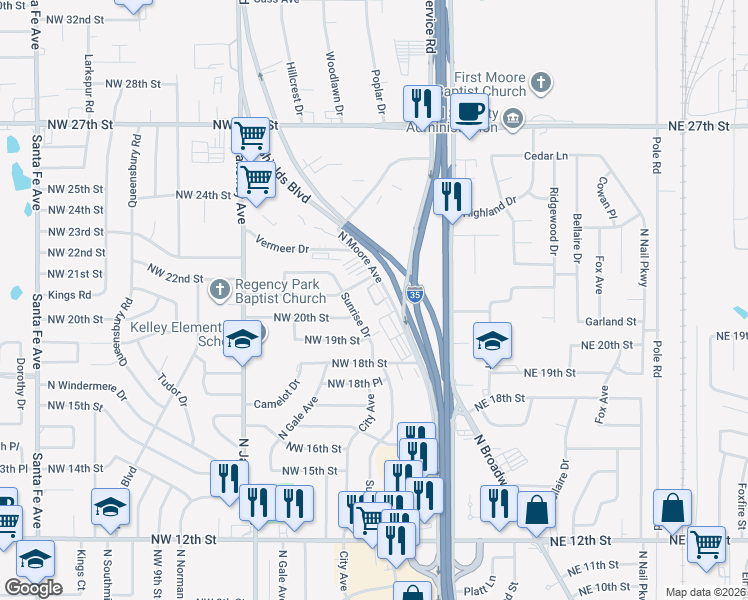 map of restaurants, bars, coffee shops, grocery stores, and more near 1917 North Moore Avenue in Moore
