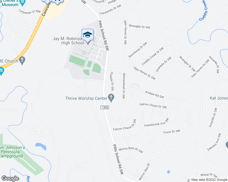 map of restaurants, bars, coffee shops, grocery stores, and more near 371 Pulaski Drive Southwest in Concord