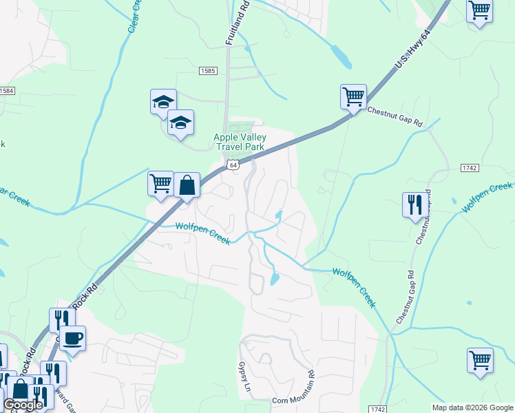map of restaurants, bars, coffee shops, grocery stores, and more near 5 Gray Wolf Lane in Hendersonville