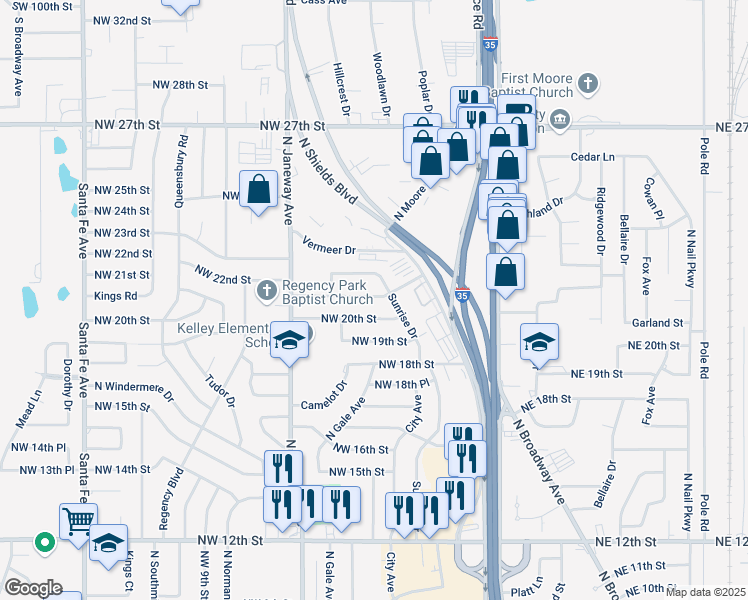 map of restaurants, bars, coffee shops, grocery stores, and more near 632 Northwest 20th Street in Moore