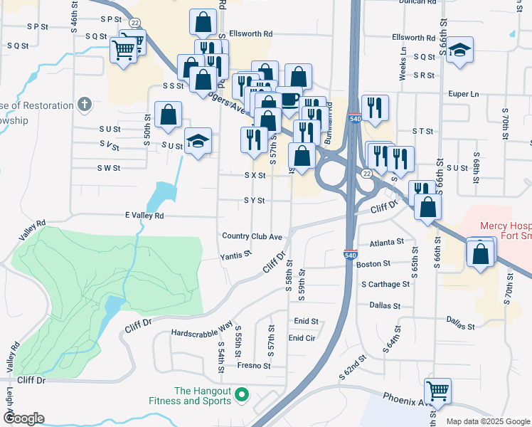 map of restaurants, bars, coffee shops, grocery stores, and more near 2717 South 57th Street in Fort Smith