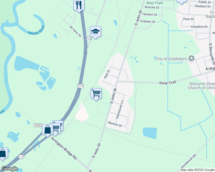 map of restaurants, bars, coffee shops, grocery stores, and more near 104 Brock Street in Goldsboro