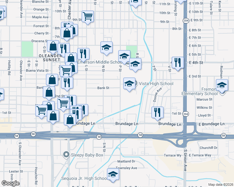 map of restaurants, bars, coffee shops, grocery stores, and more near 930 Bank Street in Bakersfield