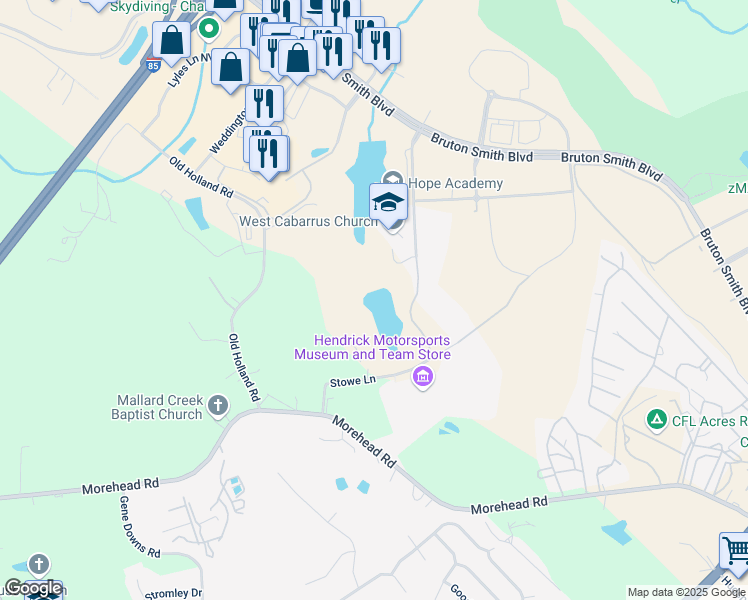 map of restaurants, bars, coffee shops, grocery stores, and more near 5320 Stowe Lane in Charlotte