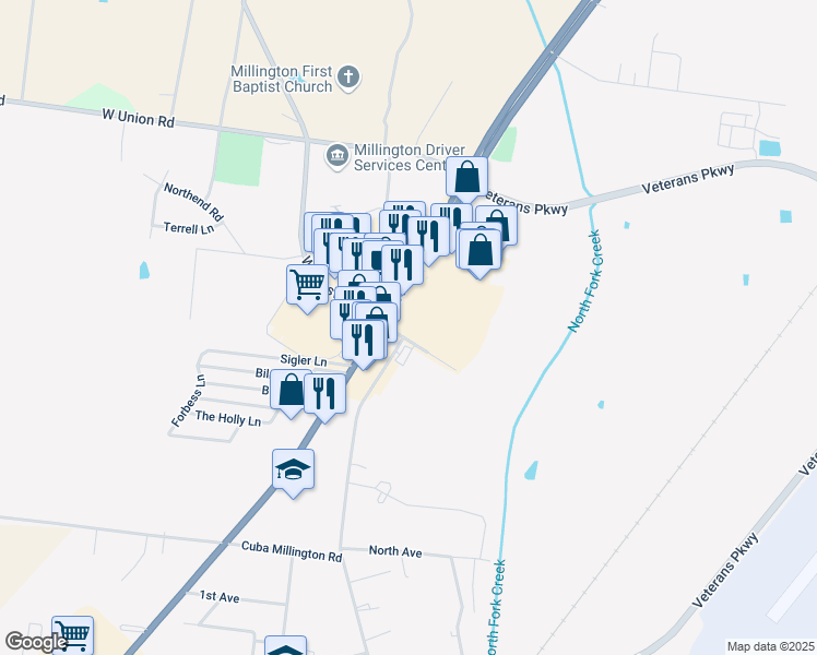map of restaurants, bars, coffee shops, grocery stores, and more near 8490 U.S. 51 in Millington