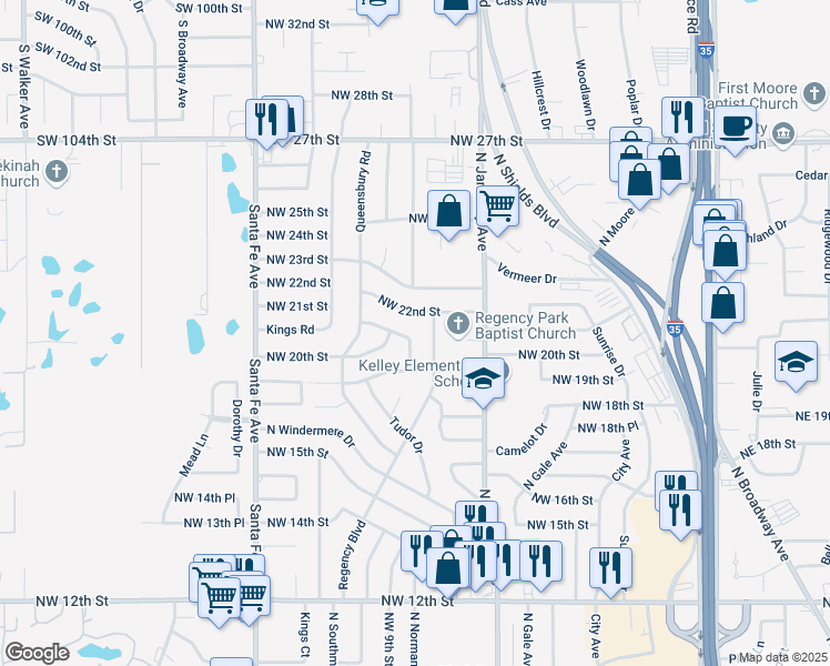 map of restaurants, bars, coffee shops, grocery stores, and more near 913 Northwest 22nd Street in Moore