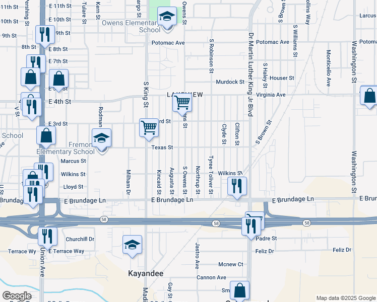 map of restaurants, bars, coffee shops, grocery stores, and more near 207 South Owens Street in Bakersfield