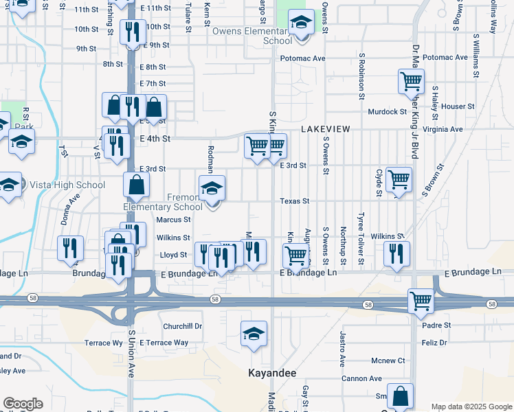map of restaurants, bars, coffee shops, grocery stores, and more near 209 Whitlock Street in Bakersfield