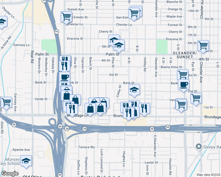 map of restaurants, bars, coffee shops, grocery stores, and more near 2625 Bank Street in Bakersfield