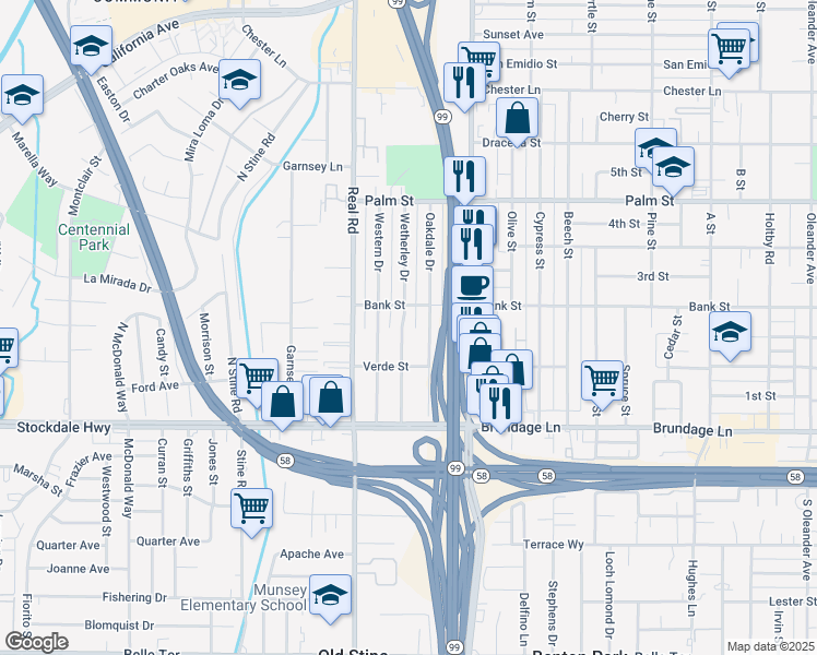 map of restaurants, bars, coffee shops, grocery stores, and more near 3401 Bank Street in Bakersfield