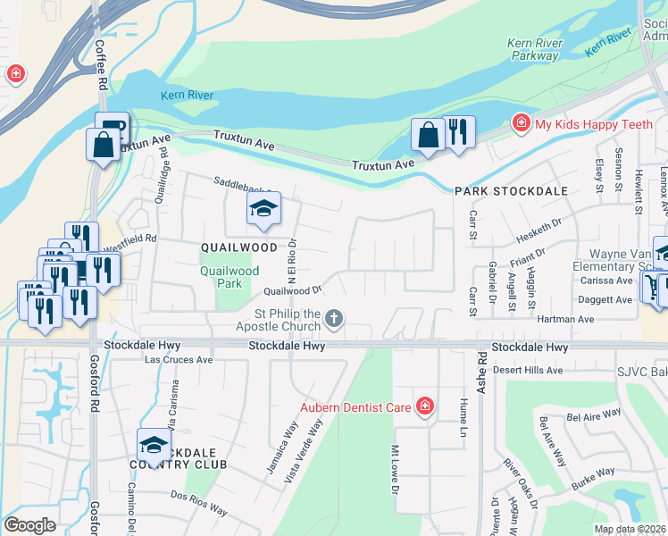 map of restaurants, bars, coffee shops, grocery stores, and more near 6900 Setter Court in Bakersfield