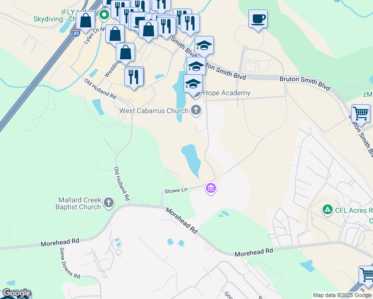 map of restaurants, bars, coffee shops, grocery stores, and more near 5320 Stowe Lane in Charlotte