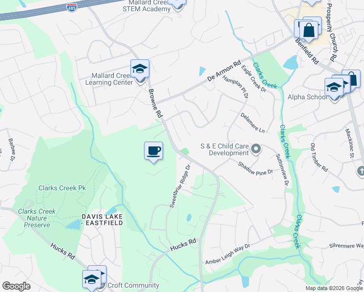 map of restaurants, bars, coffee shops, grocery stores, and more near 8420 Redstone View Drive in Charlotte