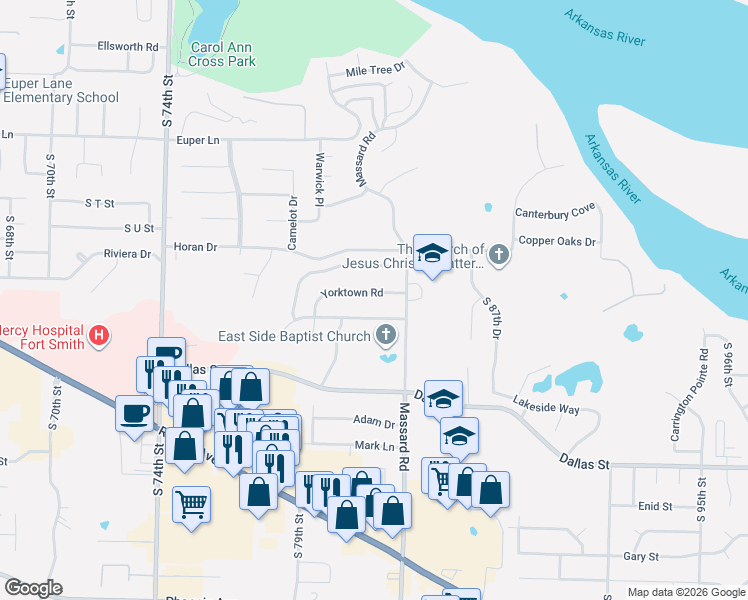 map of restaurants, bars, coffee shops, grocery stores, and more near 8007 Yorktown Road in Fort Smith