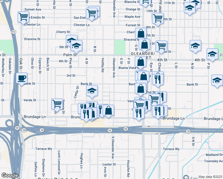 map of restaurants, bars, coffee shops, grocery stores, and more near 207 Oleander Avenue in Bakersfield
