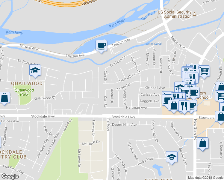 map of restaurants, bars, coffee shops, grocery stores, and more near 298 Gabriel Drive in Bakersfield