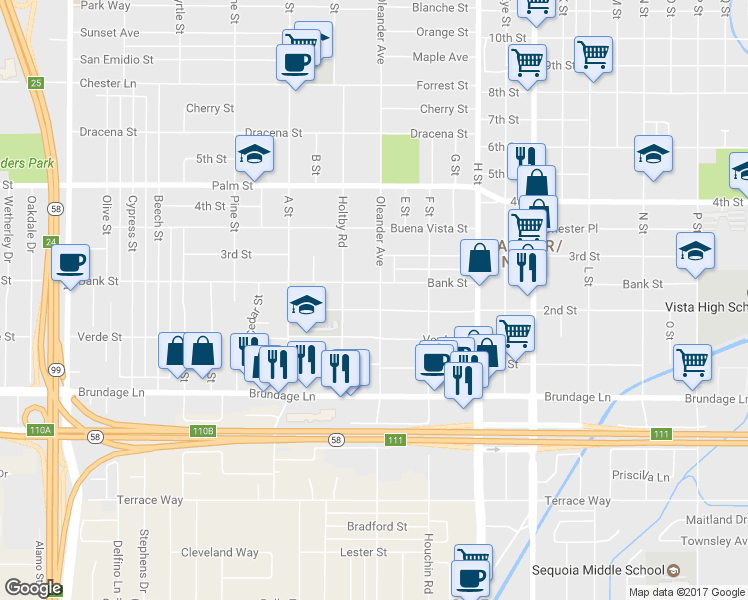 map of restaurants, bars, coffee shops, grocery stores, and more near 207 Oleander Avenue in Bakersfield