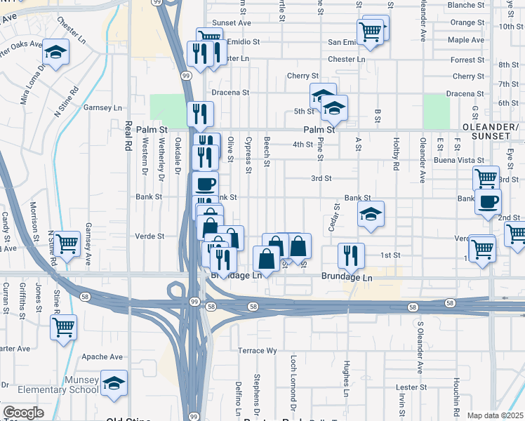 map of restaurants, bars, coffee shops, grocery stores, and more near 209 Beech Street in Bakersfield