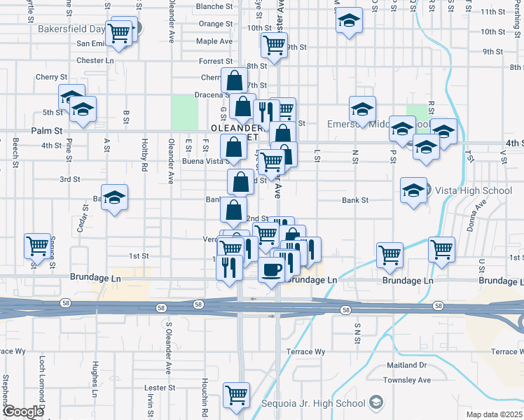 map of restaurants, bars, coffee shops, grocery stores, and more near 233 Eye Street in Bakersfield