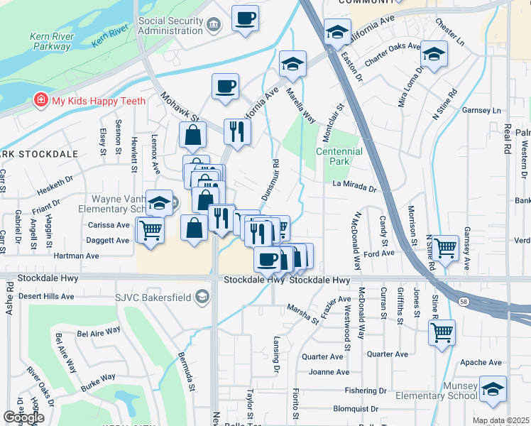 map of restaurants, bars, coffee shops, grocery stores, and more near 5201 Dunsmuir Road in Bakersfield