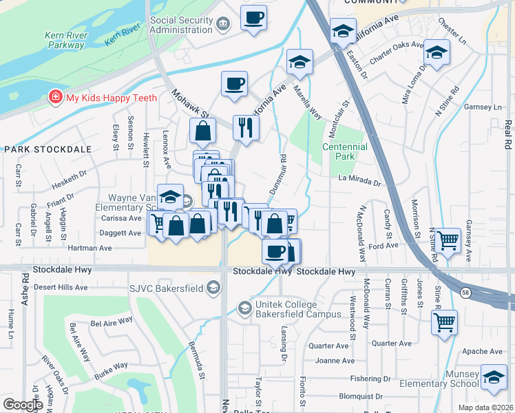 map of restaurants, bars, coffee shops, grocery stores, and more near 5401 Business Park South in Bakersfield
