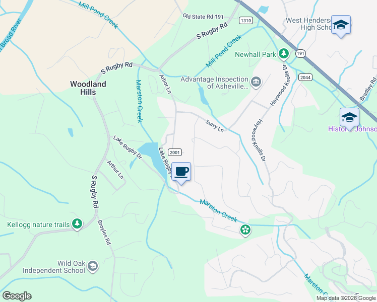 map of restaurants, bars, coffee shops, grocery stores, and more near 207 Park Lane in Hendersonville