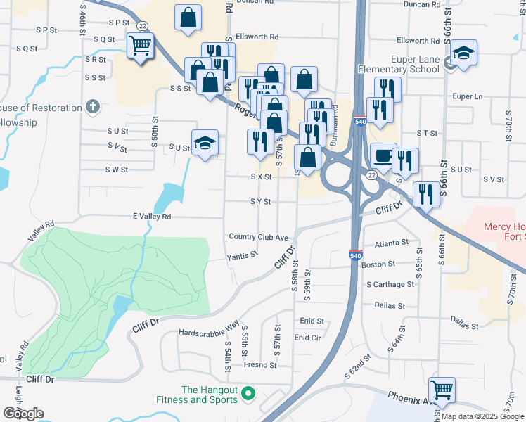 map of restaurants, bars, coffee shops, grocery stores, and more near 5521 South Y Street in Fort Smith