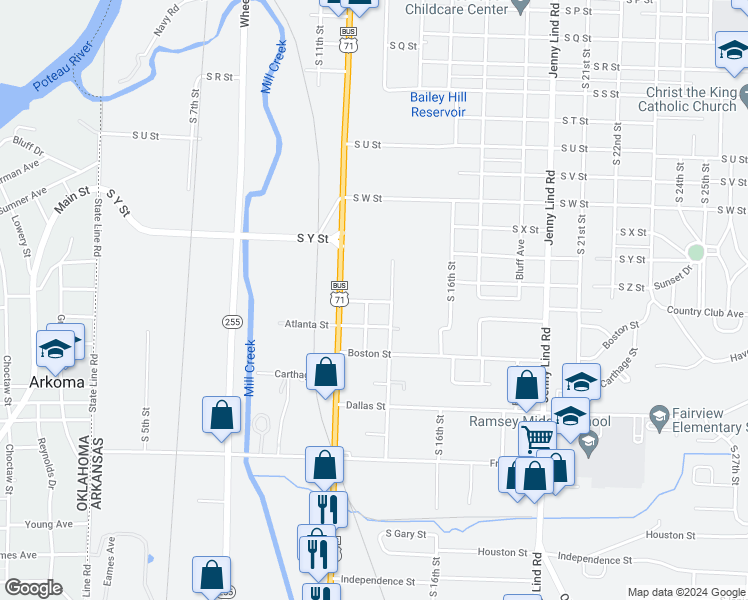 map of restaurants, bars, coffee shops, grocery stores, and more near 1301-1399 Country Club Ave in Fort Smith