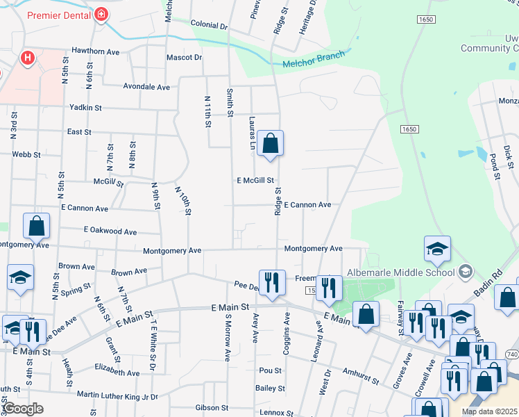 map of restaurants, bars, coffee shops, grocery stores, and more near 1120 East Cannon Avenue in Albemarle