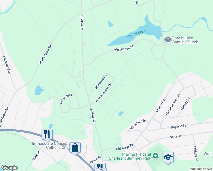 map of restaurants, bars, coffee shops, grocery stores, and more near 219 Weatherstone Drive in Forest City