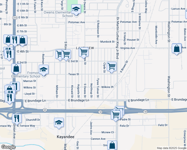 map of restaurants, bars, coffee shops, grocery stores, and more near 1205 Texas Street in Bakersfield