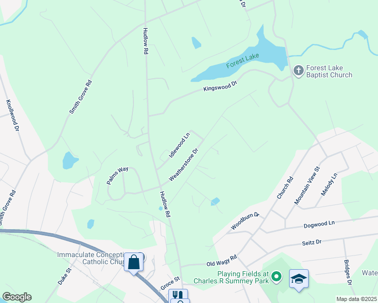 map of restaurants, bars, coffee shops, grocery stores, and more near 219 Weatherstone Drive in Forest City