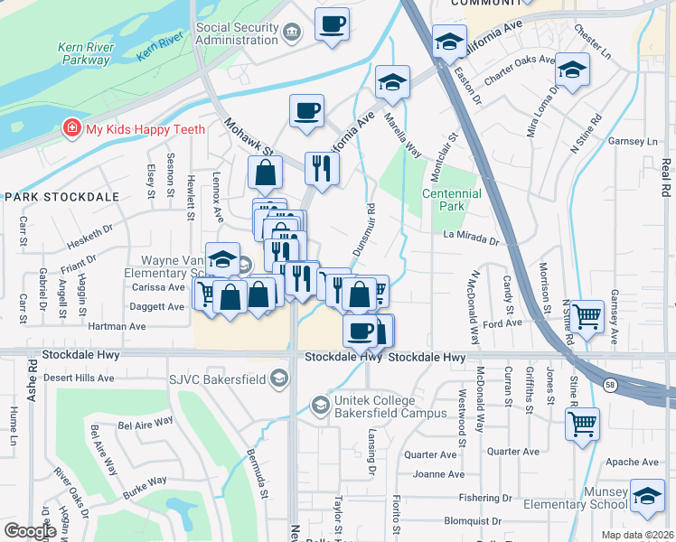 map of restaurants, bars, coffee shops, grocery stores, and more near 5401 Business Park South in Bakersfield