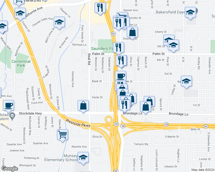 map of restaurants, bars, coffee shops, grocery stores, and more near 205 Oakdale Drive in Bakersfield