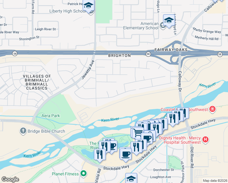 map of restaurants, bars, coffee shops, grocery stores, and more near 205 Somerford Court in Bakersfield