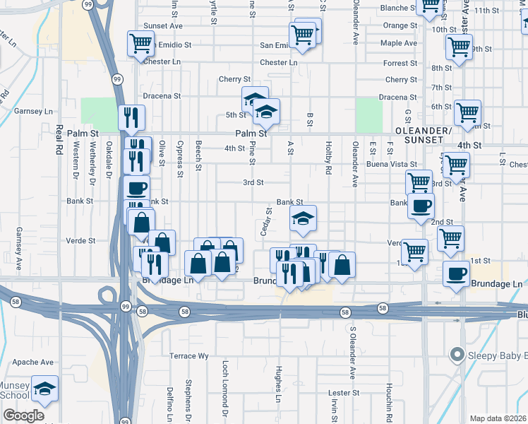 map of restaurants, bars, coffee shops, grocery stores, and more near 2516 Bank Street in Bakersfield