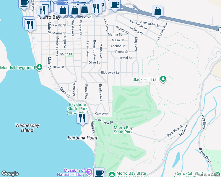 map of restaurants, bars, coffee shops, grocery stores, and more near 280 Kern Avenue in Morro Bay